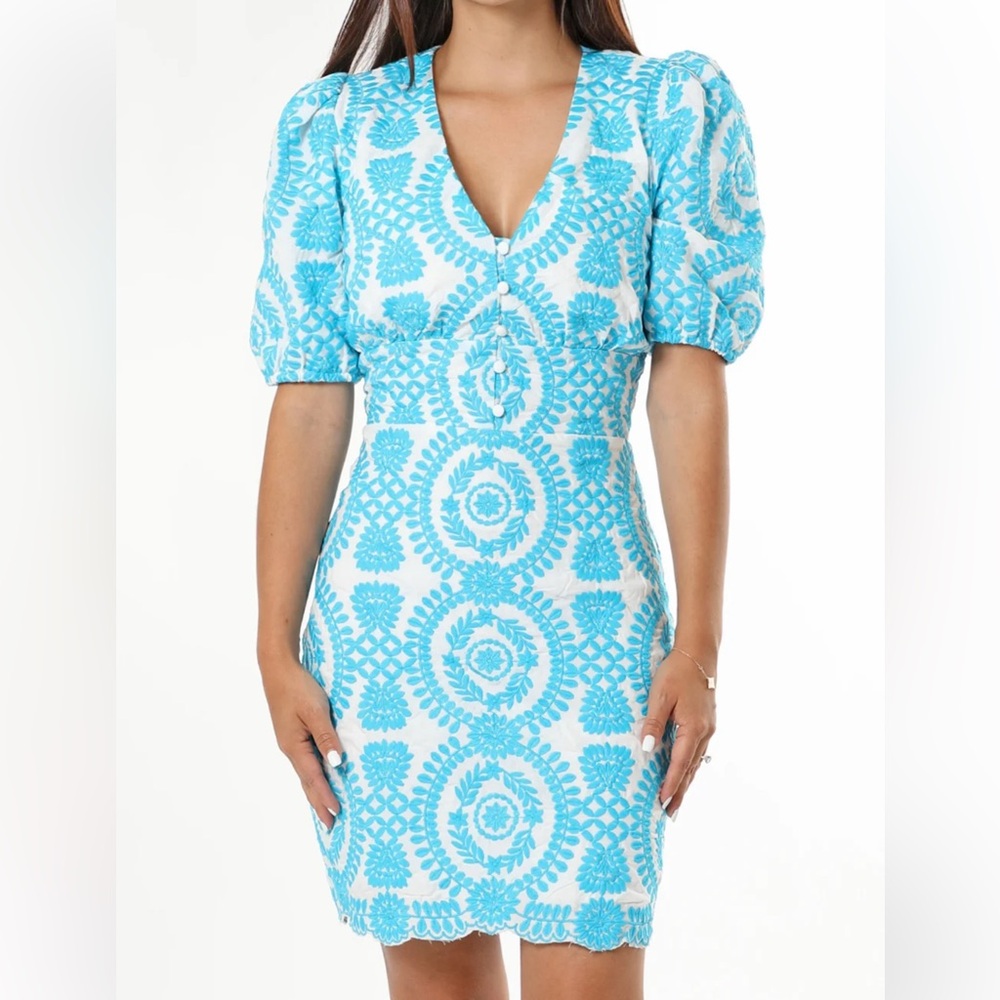 Adelyn Rae Rosemary Cotton Eyelet Dress XL Turquoise White Cotton Puff Sleeve